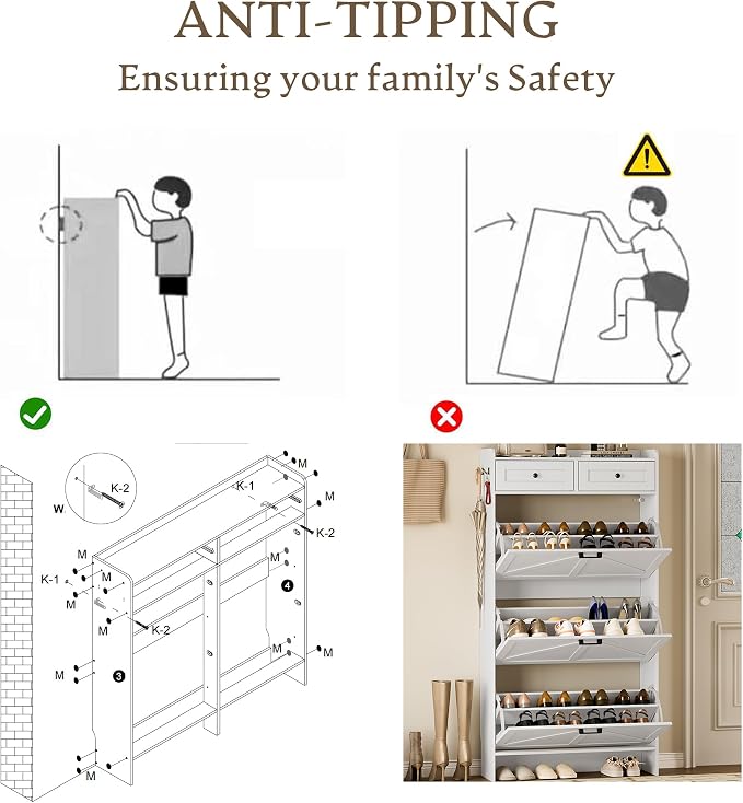 BORNOON Shoe Storage Cabinet for Entryway, Farmhouse Narrow Shoe Cabinet with 3 Flip Drawers & 2 Top Drawers, Adjustable Shelves & Hooks, Freestanding Hidden Rack Organizer for Hallway, Foyer