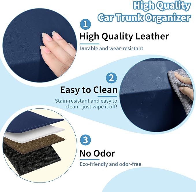 Leather Car Trunk Organizer SUV Trunk Organizer Car Trunk Storage Organizer | Large Trunk Organizer with Lid and Sturdy Handle Car Cargo Storage Box (Blue, 41 x 11.4 x 12.2in)