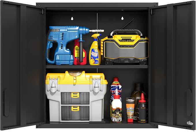 Garage Wall Cabinet with 2 Locking Doors Metal Storage Cabinet,Black | Wall Mounted Heavy Duty Steel Tool Cabinet Hanging Cabinet for Garage Warehouse Bathroom Kitchen,Assembly Required