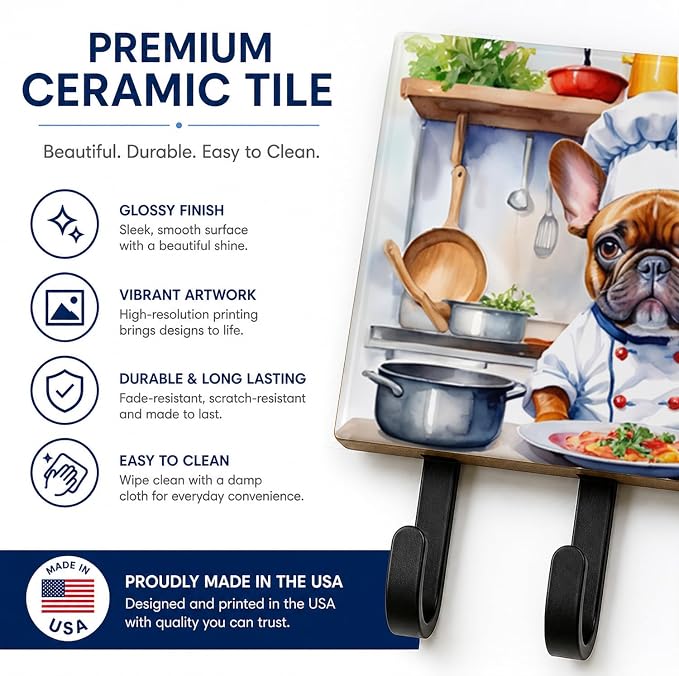 Caroline's Treasures French Bulldog The Chef Leash or Key Holder Wall Hooks, Key Hooks Holder, Coat Rack Wall Mount, Coat Hooks, Hooks for Hanging Keys, Towels, Aprons, Leashes | French Bulldog The Chef artwork on ceramic tile with three steel hooks fo...