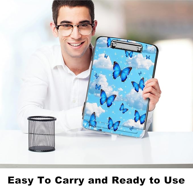 A4 Clipboard with Storage Pen Holder, Clipboards Organizer Nursing Clipboard Foldable File Folder Plastic Clipboard Folio Clip Board for Office Classroom Doctor, Blue Butterfly White Cloud