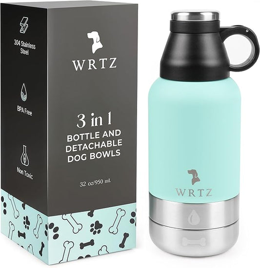 Portable Dog Water Bottle with 2 Removable Water Bowls for Dogs – Leak-Proof Insulated Stainless Steel Dog Water Bottle - Travel Accessories for Dogs - 32oz - Teal
