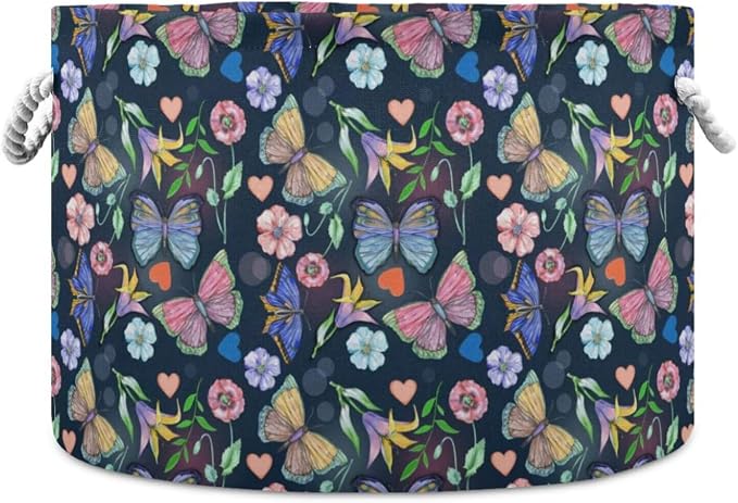 Butterfly Floral Collapsible Round Storage Basket with Handles | Floral Print Large Laundry Baskets Hamper, Clothes Organizer Bin for Nursery Bedroom Living Room Decor, 20x 20x 14 Inches