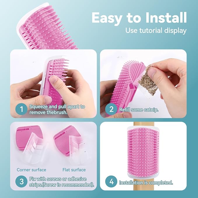 2Packs Cat Self Groomer, Cat Wall Corner Scratcher with Catnip, Soft Cat Brushes, Self Grooming Cats Brush Wall Corner Massager Combs for Long Short Fur Kitten Indoor Cats (Pink)