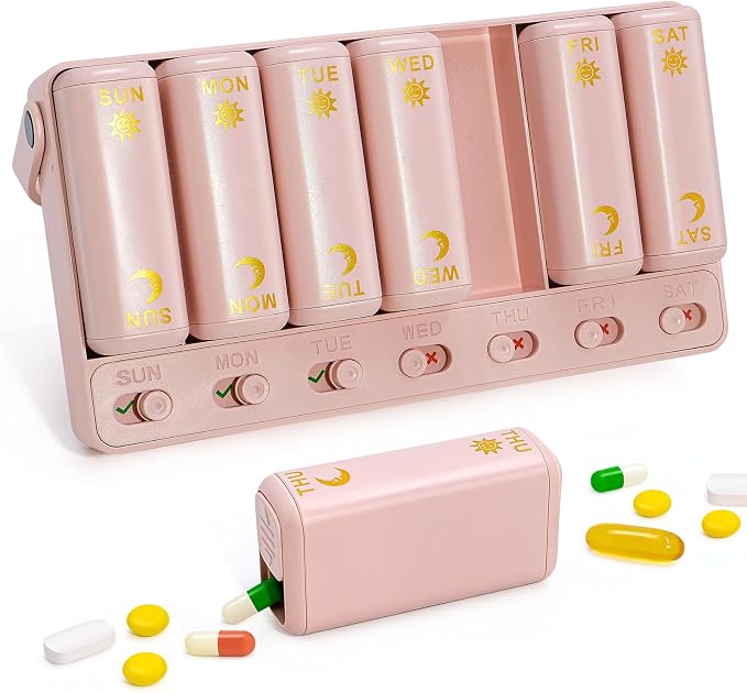 Weekly Pill Organizer 2 Times a Day, AM PM Travel Pill Organizer 7 Day for Vitamin Medicine Supplement Fish Oil, Pink Twice a Day Medicine Pill Box with a Rotatable Handle