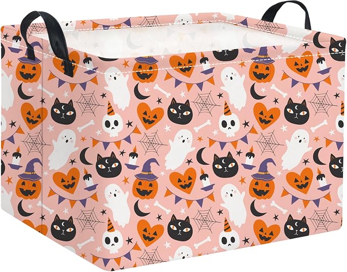 Rectangular Halloween Basket for Boys and Girls Kids Trick or Treat Pumpkin Basket for Halloween Parties Cute Storage Bin Organizer Box Room Decor(Pink Heart Halloween)