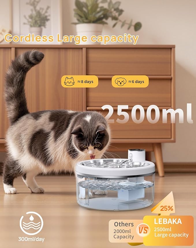 Wireless Cat Water Fountain [with Stainless Steel Tray], 84oz/2.5L Pet Fountain for Cats Inside, Cat Fountain for Drinking with Motion Sensor, Ultra Quiet for Small Animals-[BPA-Free]
