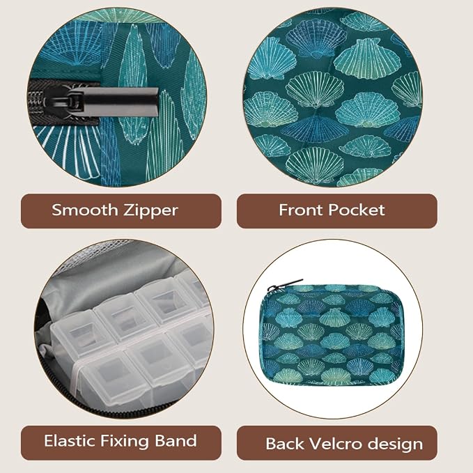 Travel Pill Organizer Blue Teal Shell Starfish Pattern Pill Case