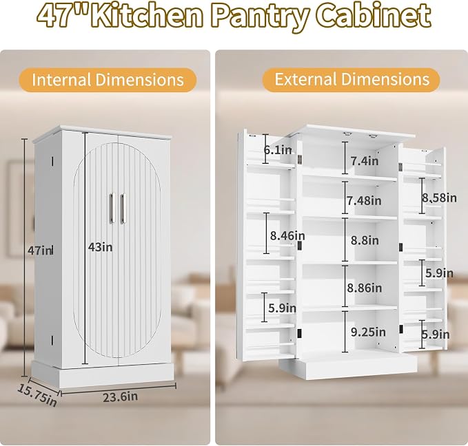 Saudism 47" Dog Food Storage Cabinet with Adjustable Shelves, White | Freestanding Pet Storage Container Organizer for Living Room and Dinning Room