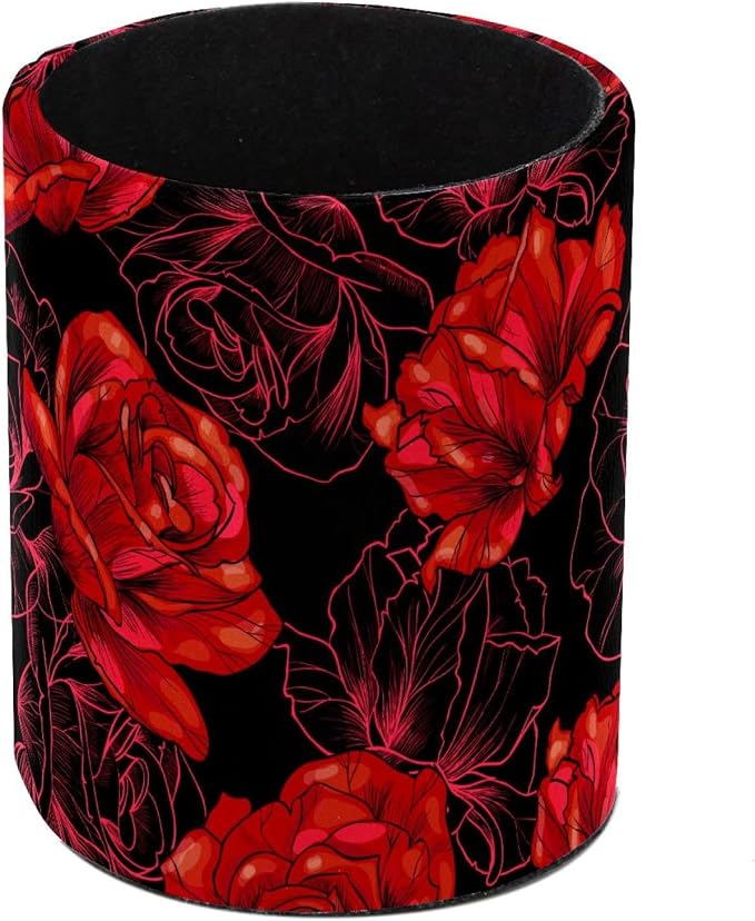 Pen Holder Red Blooming Rose Flowers Black Pencil Holder for Desk Makeup Organizer Office Supplies for Home,Kids and School