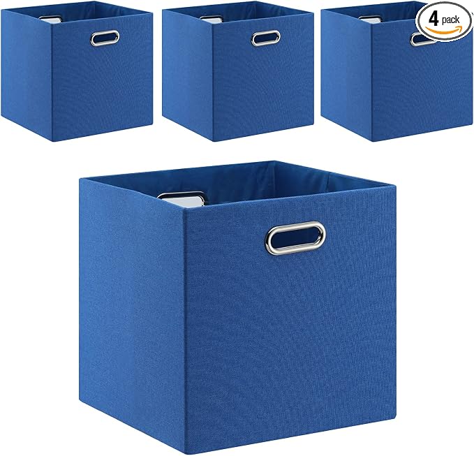 13x13x13 Inch Foldable Cube Storage Bins with Metal Handles, 4 Pack | Navy Blue fabric organizer boxes|for closet, shelf, bookcase and bedroom|fold flat when unused