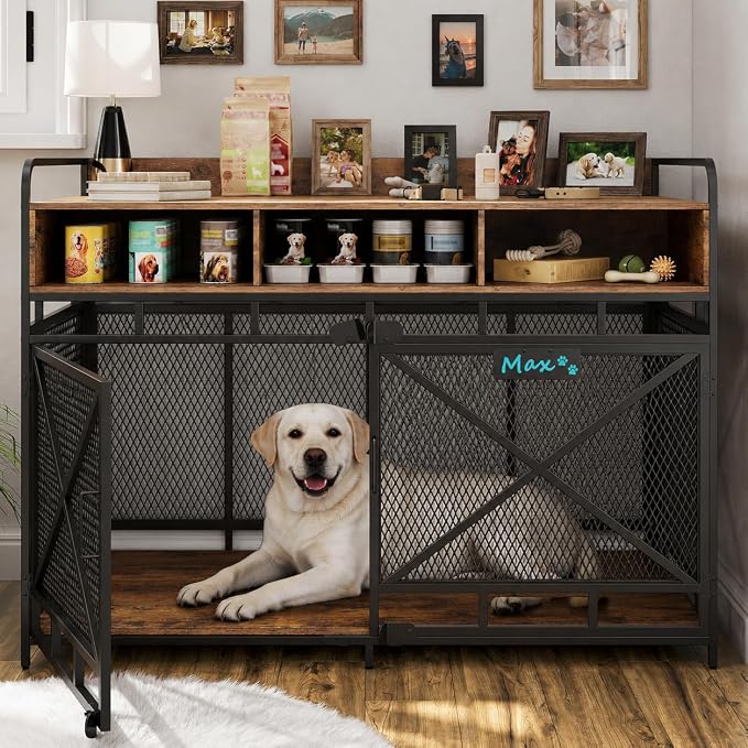 Fulhope Dog Crate Furniture, 48" Heavy Duty Wooden Dog Crate End Table, XL Dog Kennel Furniture Large Breed, Decorative Dog Kenne Indoor with 3 Drawers & Steel Tubes 48" L x28 W x36 H (Rustic Brown)