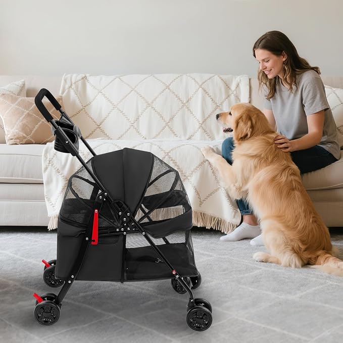 Foldable Pet Stroller with Mesh Windows, 40lbs Capacity Pet Carrier Cart with Locking Wheels, Breathable Cat & Dog Stroller for Small Animals, Foldable Pet Travel Cart for Outdoor (Black)