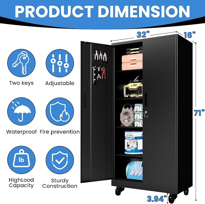 Metal Storage Cabinet for Garage, Tool Cabinet, Utility Cabinet | with Wheels, Tall Tool Cabinet, Lockable, 2 Doors, 4 Adjustable Shelves, Pegboard, Assembly Required, Black