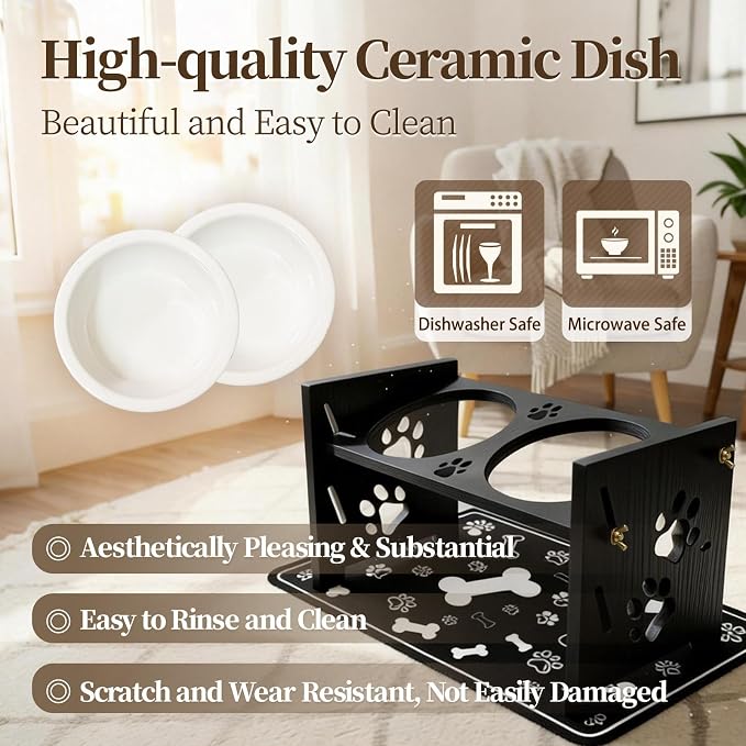 2026 New Elevated Cat Bowls with Food Mat, Adjustable Height & Angle Raised Cat & Dog Bowls Stand for Food and Water, Cat or Small Dog Feeding Station, 2 Ceramic Bowls for Cats and Puppy(Black Wood)