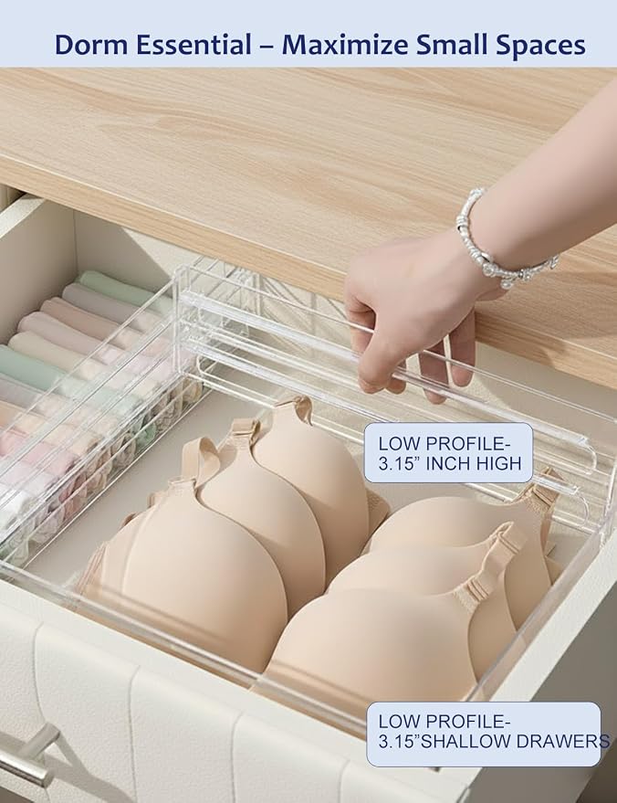 Adjustable Drawer Dividers 5 Pack, 3.15" High, Clear Plastic | 11"-20" expanding shallow drawer organizer with non-slip pads for socks, makeup, kitchen, bathroom and desk.