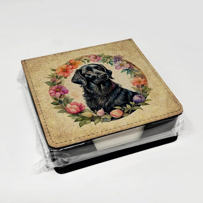 Caroline's Treasures Flat-Coated Retriever and Flowers PU Leather Note Paper Holder with Artist-Designed Cover, Desk Accessory, Office Gift