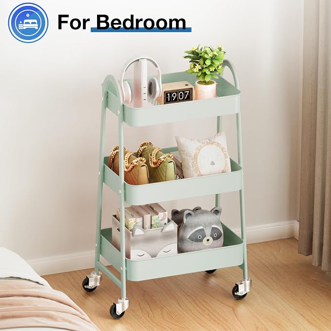 OLIXIS Metal Rolling Storage Utility Cart with Lockable Wheels 3 Tiers | Mobile Organizer Shelf, Space-Saving, Freestanding, Bathroom, Living Room, Slim, Narrow Corner Spaces, Green