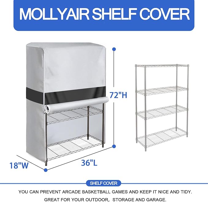 Shelf Cover, Wire Rack Cover 36" W x 18" D x 72" H | Dust Blocking, 600D Oxford Fabric, Garage, Basement, Roll-Up Front, Dual Zipper, Side Pockets, Shelving Cover, Silver & Black