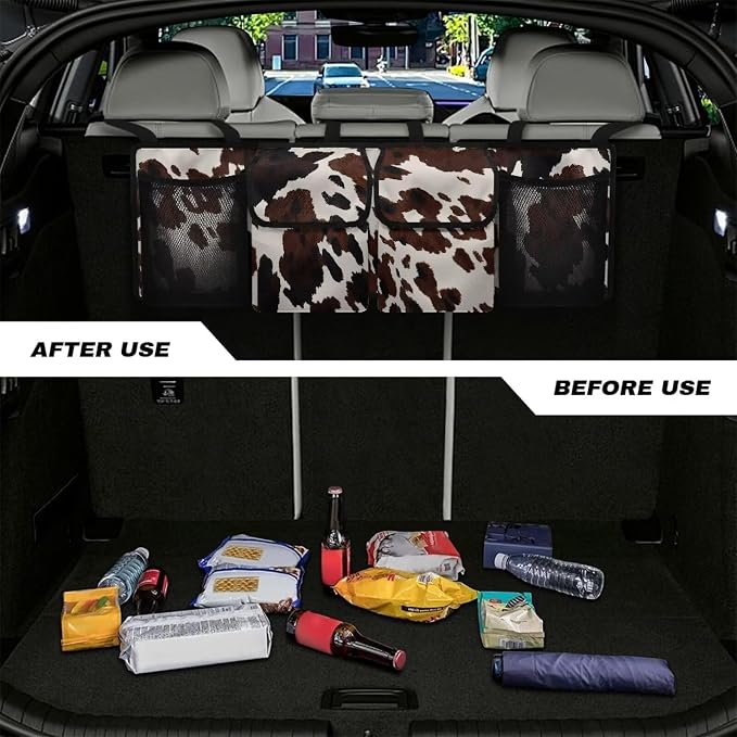 Dreaweet Brown Cow Print Car Trunk Organizer for Sedan Collapsible Hanging Car Storage Organizer Accessories Interior for Women Large Capacity 4 Pockets Car Organizer for SUV Trucks Minivan