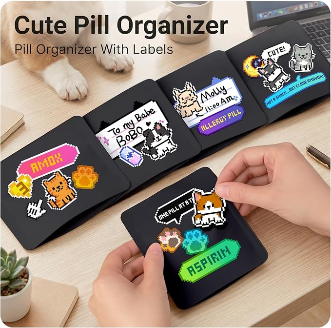 Reusable Pet Pill Pouches for Light Medicine,- 200pcs Capacitywith Zippered Seal, Zippered Medicine Bags with Fun Labels,Waterproof for Medications, Vitamins, Treats (Black Cat)