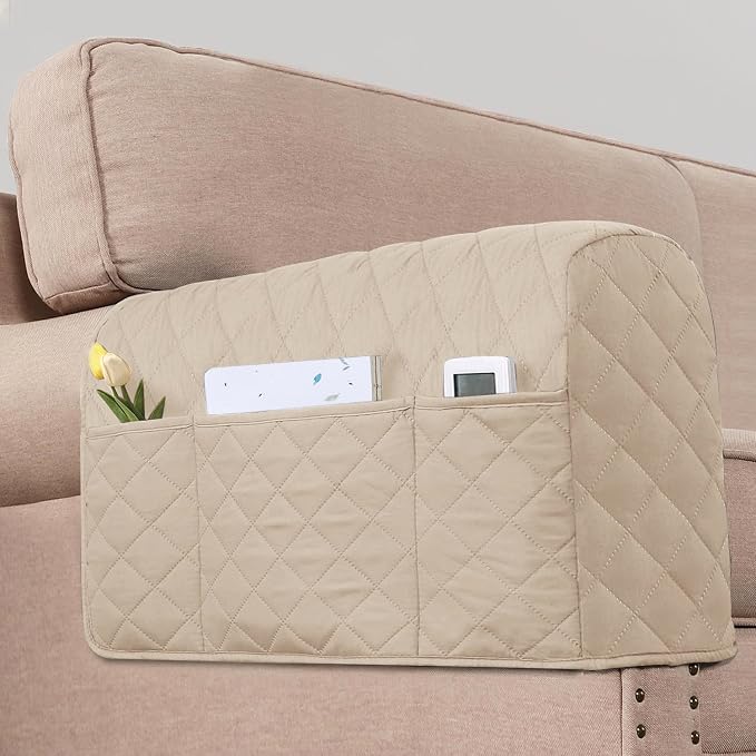 2 Pack Water Resistant Armrest Covers for Chairs and Sofas Couch Arm Covers for Sofa with 3 Pockets for Phone Sofa Arm Protector for Pets, Cats (Apricot)