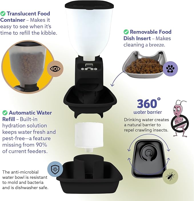 Feeding Friend® Automatic Dog & Cat Food Feeder with Water Dispenser, Smart Portion Control, OLED Display, Anti-Jam Design, Battery Operated, XS 4–15 lbs Pets, Black