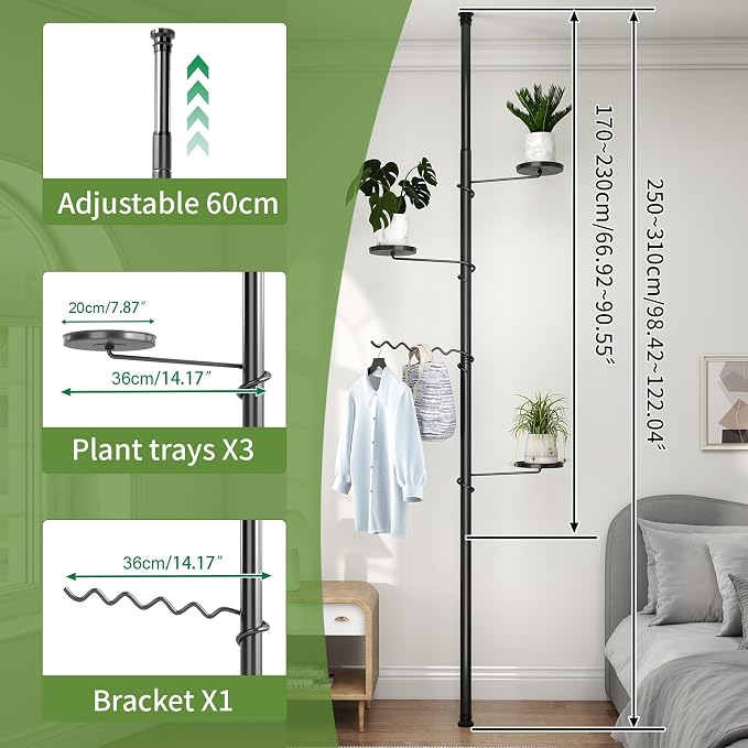 BAOYOUNI 4 Tier Plant Stand Pole Tension Rod Adjustable Flower Display Rack | Spring Loaded Indoor Floral Hanger Storage Shelf with 3 Trays & 1 Wave Hook, Black - Space Saving Vertical Garden Organizer