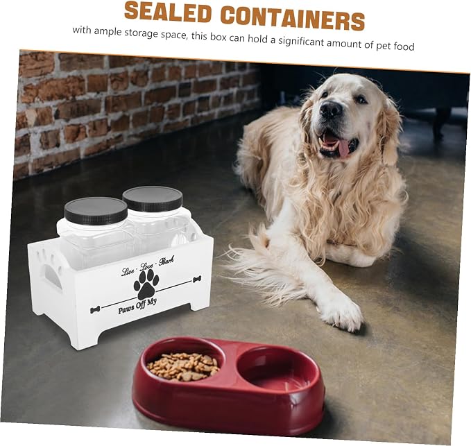 Tofficu Wooden Dog Food Storage Container with Airtight Treat Jars, Household Pet Treat Organizer Box with Dividers, White Wood Crate for Dog Treats and Food Storage