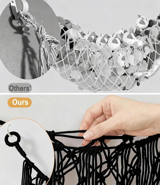 Stuffed Animal Net Hammock, Save Space Eliminate Clutter (Black) | Premium Cotton Hand-knitted plush hammock, Boho Stuffed Animal Storage for Nursery, Bedroom Decor, playrooms