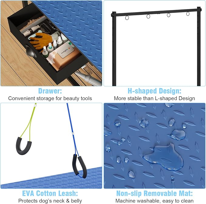 32-Inch Dog Grooming Table with Drawer & Mesh Tray,Adjustable Pet Grooming Table with Non-Slip Removable Washable Mat & EVA Protective Lanyard, Professional Grooming Table for Small Dog at Home（Blue）