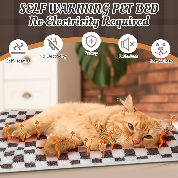 2 Pack Self Warming Cat Mat Self Heating Pad Bed Reversible Machine Washable Reflects Body Heat Warm Thermal Pet Pad Crate Blanket for Feral and Indoor Cat(Dark Brown,21" X 14",Plaid)