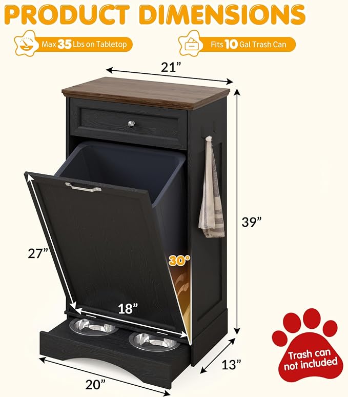 Tilt Out Trash Can Cabinet with Dog Bowl, 10 Gallons Dog Feeding Station with Storage, Dog Food Cabinet with Hideaway Drawer for Kitchen, Living Room,Laundry Room