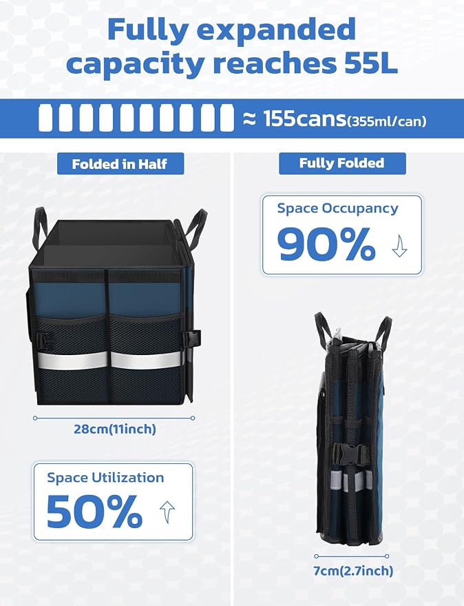 Oasser Car Trunk Organizer Collapsible Multi Compartments Trunk Organizer for SUV with Foldable Cover Reflective Strip | 4 Mesh Pockets, 600D, Non-Slip Bottom, Reflective Strip, 35kg Load, for SUV Saloon Estate Daily Storage, Shop & Family Trip