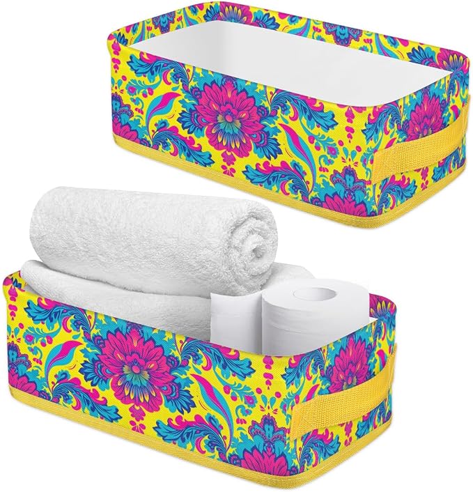 Bright Floral Ethnic Style Bathroom Storage Basket, Foldable with Handle Open Countertop Paper Towel Decorative Box, Toilet Tank Top Shelf Baskets for Home Closet Bedroom Living Room Office