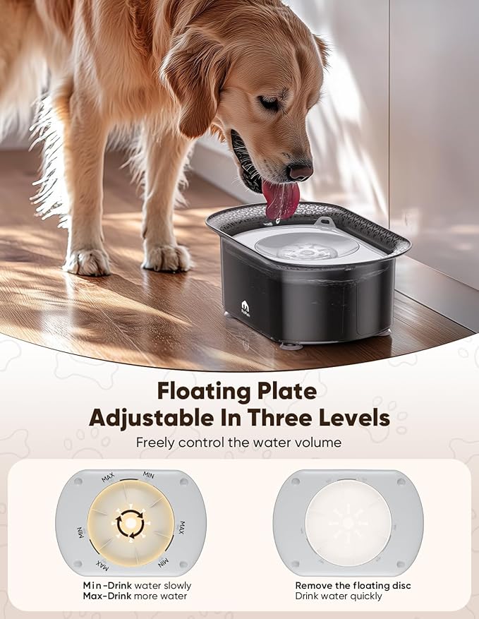Dog Water Bowl, 2.2L No Spill Water Bowl for Dogs,with Suction Cup Foot Pad Reduce Refill, Anti Splash No Mess Dispenser Dripless Slow Drinking Water Bowl for Sloppy Messy Drinkers (Gray)