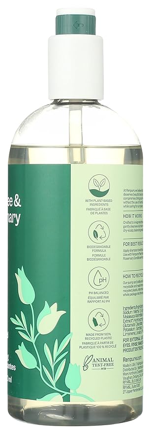 Renpure Plant Based Tea Tree and Rosemary Refresh and Rebalance Shampoo - Soothes Dry Scalp - Delivers Moisture and Shine - Rids Hair of Grime - Dye Free - Recyclable, Pump Bottle Design - 24 fl oz