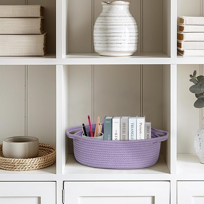 Small Baskets for Gifts Empty, 13"x 9"x 5" Woven Gift Basket with Bag and Ribbon, Cotton Rope Kids Dog Cat Toy Bin Box, Cute Baby Nursery Organizer, Decorative Storage with Handles,Purple