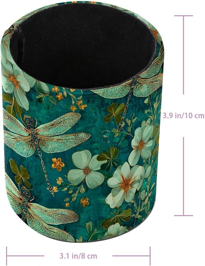 Faux Leather Pen Holder for Desk, Pencil Organizer Dragonfly Pen Cup Desk Decor Makeup Brush Holder Storage for Office Home