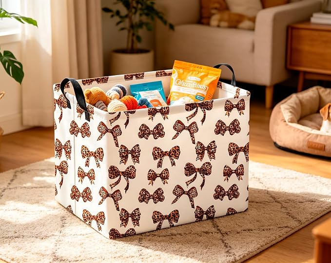 CLOCOR Rectangular Storage Basket,Waterproof Books Box with Handles,Gift Basket(Leopard Print Bow)