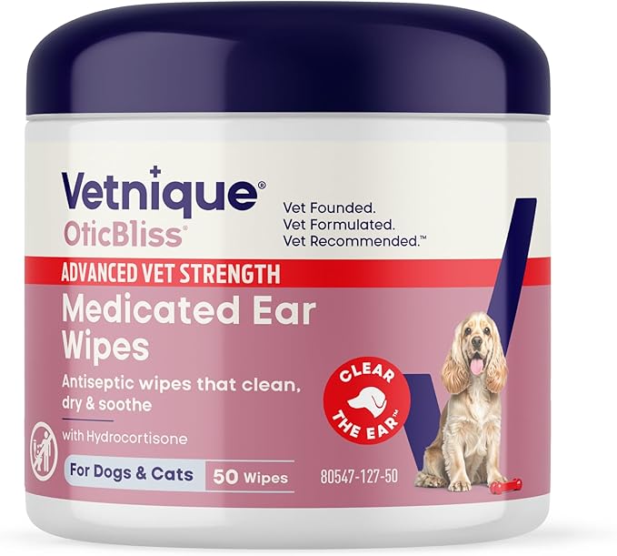 Vetnique Oticbliss Cat & Dog Ear Wipes - Dog Ear Infection Wipes or Dog Ear Cleaner Wipes for Dirty, Waxy, Smelly Ears, Odor Control with Aloe Vera & Salicylic Acid (Medicated Ear Wipes (50ct))
