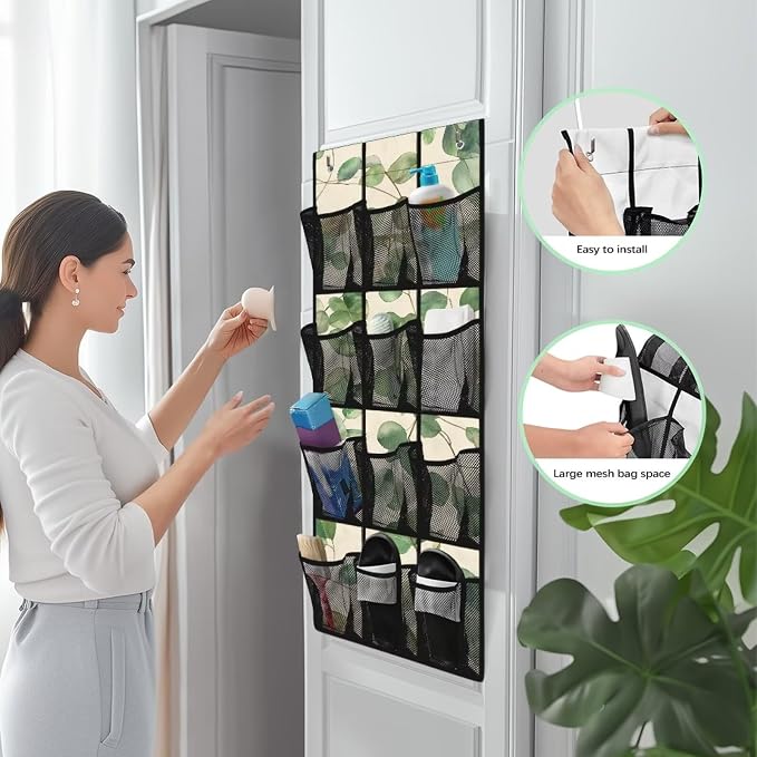 Leaves Space Saving Hanging Shoe Organizer,Entryway Bedroom Bathroom Storage Bags with 12 Mesh Large Pockets,Stylish Print