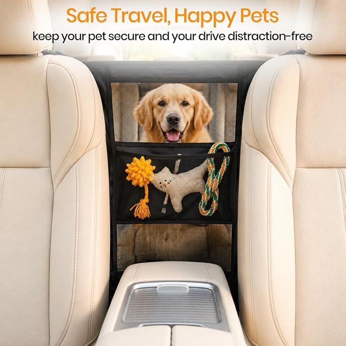 Dog Pet Net Barrier for Dodge Charger SRT Hellcat Scat Pack 2015-2023, Pet Safety Net with Storage Pockets, Prevents Dogs from Jumping to Front Seat, Easy Install