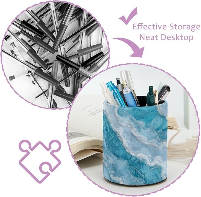 Faux Leather Pen Holder for Desk, Pencil Organizer Blue Marble Texture Pen Cup Desk Decor Makeup Brush Holder Storage for Office Home