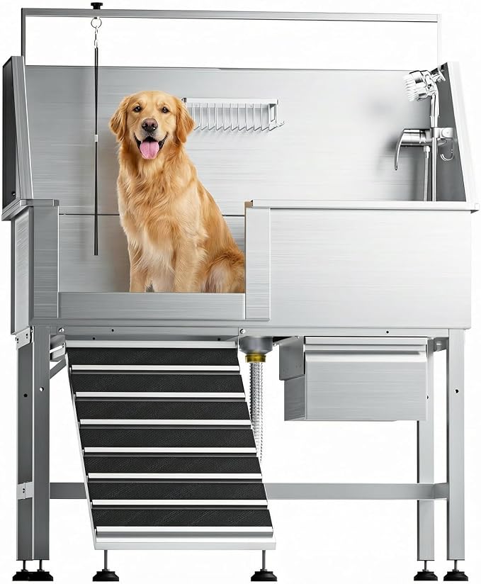 46" Heavy Duty Dog Washing Station - 304 Stainless Steel Pet Bathing Tub with Left Side Ramp, Elevated Grooming Sink with Storage Drawer & Removable Floor Grate, Outdoor Ready for Large & Medium Dogs