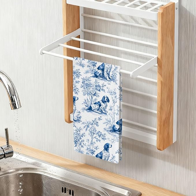 Brittany Spaniel Kitchen Dish Towels,Blue and White Floral Dog Towel Dish Tea Towels, Chinoiserie Decor for Kitchen Bathroom,Spaniel Gifts for Dog Lover Mom Dad,16x24 Inch