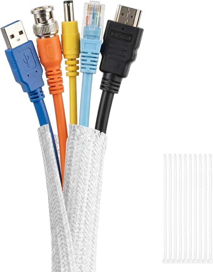Delamu 10ft - 1/2 inch Cable Sleeve Cord Protector from Pets No Chew, Split-Braided PVC Wire Loom Tubing for Desk Computer USB TV Cord Organizer, Easy Set-up Cable Management Sleeve Kit, White