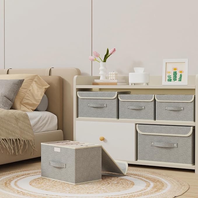 Foldable Fabric Storage Cubes with Lids,Grey 10.2x7.9x6.7in,1 Pack | Storage Bins with Handles,PP Panel Closet Organizers,Washable Boxes,Collapsible Fabric Container for Underwear and Socks
