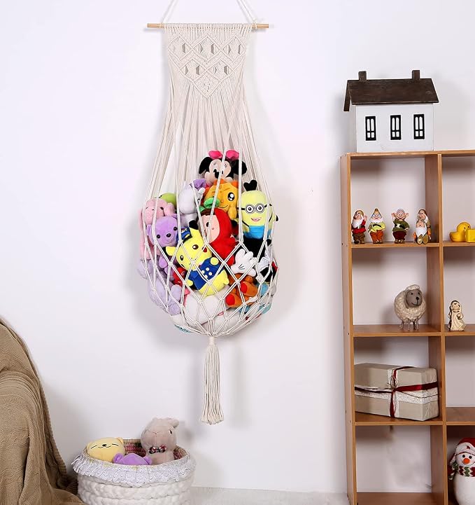 Stuffed Animal Hammock Wall Hanging Net for Stuffed Animal Storage Plush Toy Holder Macrame Toy Display for Boho Kidroom Decor Nursery Organizer (Cream)