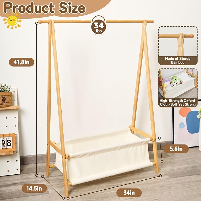 Bamboo Kids Clothing Rack with Storage Box - Foldable,Kids Dress Up Rack with Hooks & Rod, Organize Dress Up Storage & School Uniforms, Perfect for 4-13 Year Olds